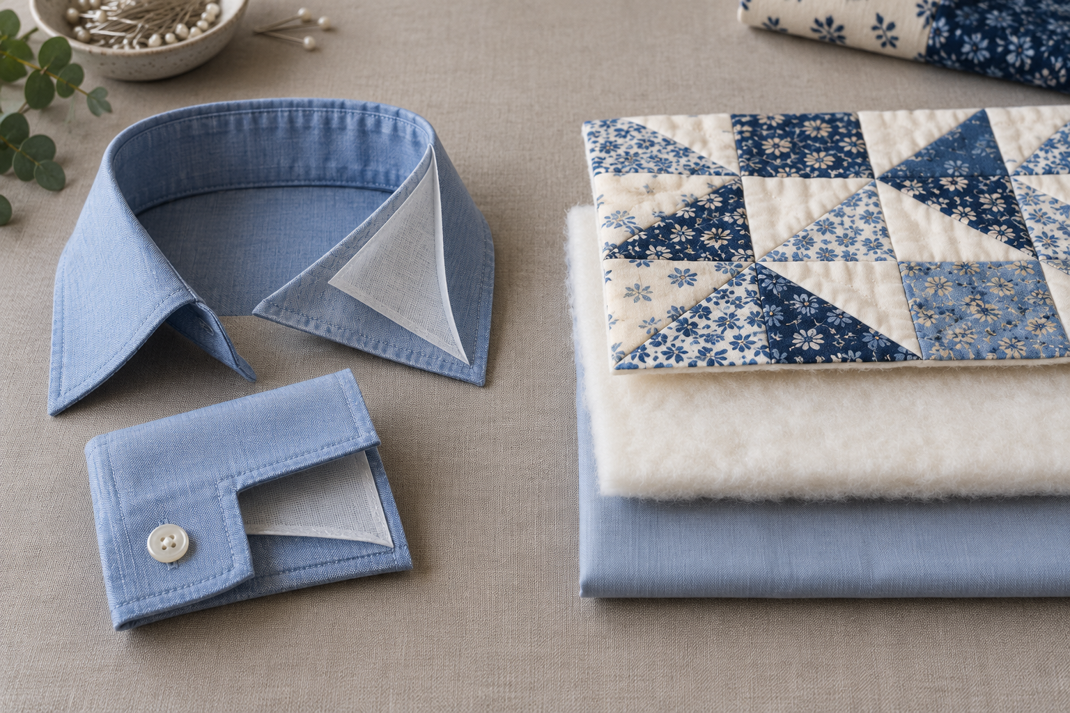 A garment collar with a thin interfacing layer sits apart from a quilt sandwich of top, batting, and backing