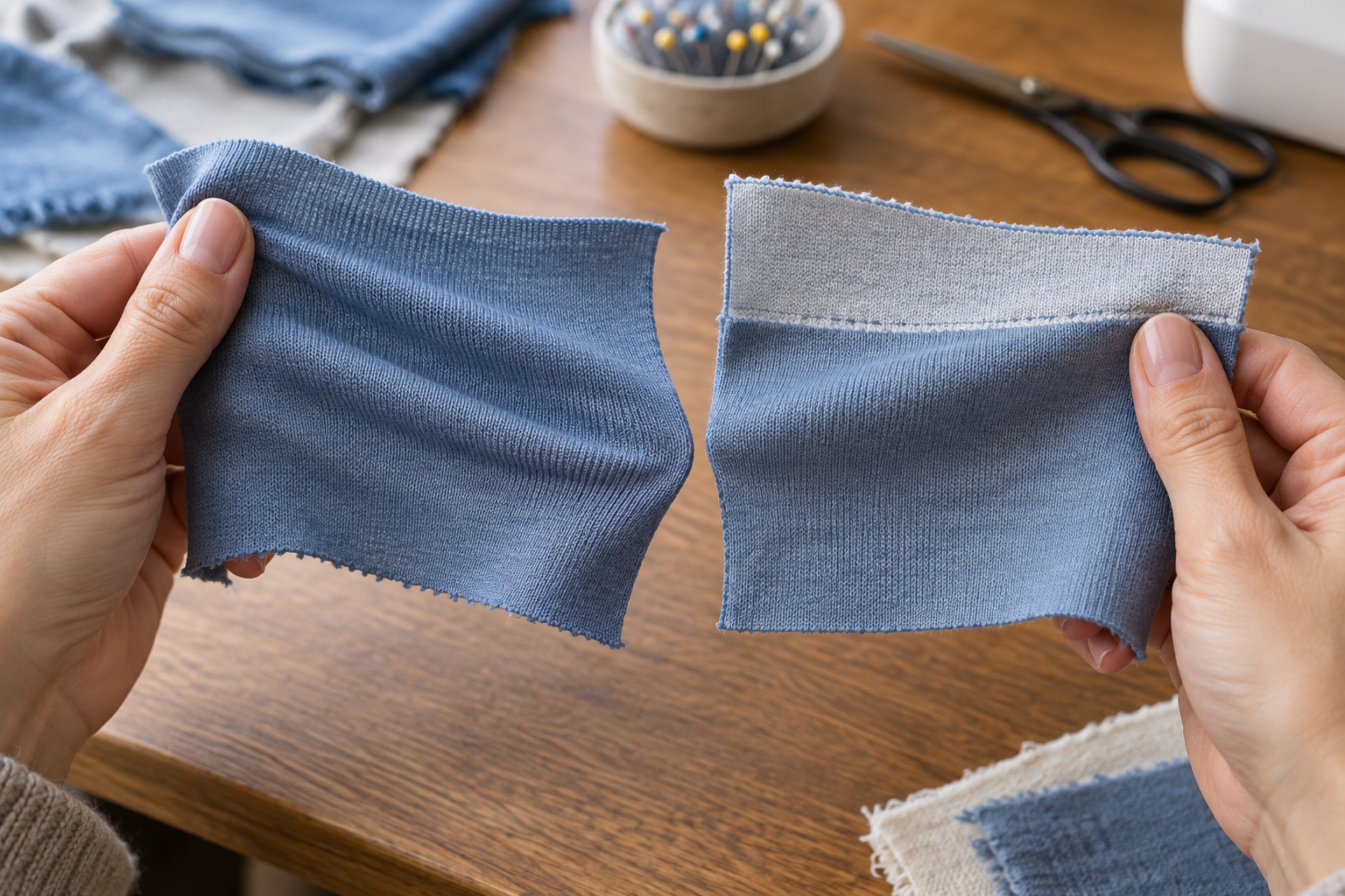 Hands gently stretch two matched blue knit samples, one without support and one with a light support layer