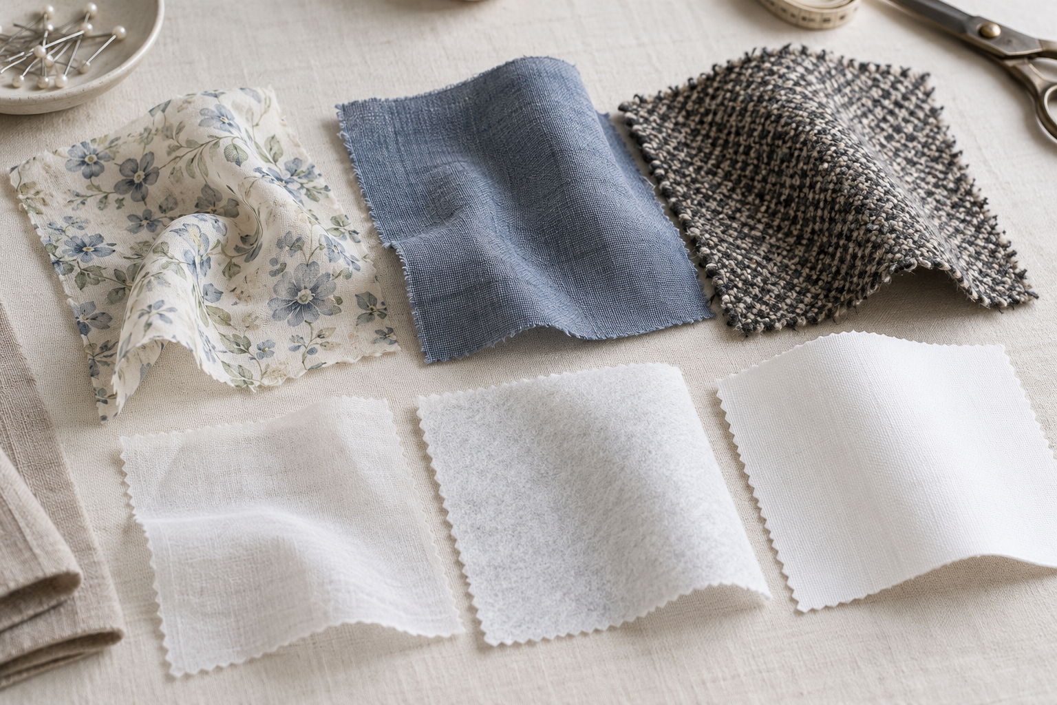 Three garment fabric swatches of different weight and drape sit beside three varied interfacing samples