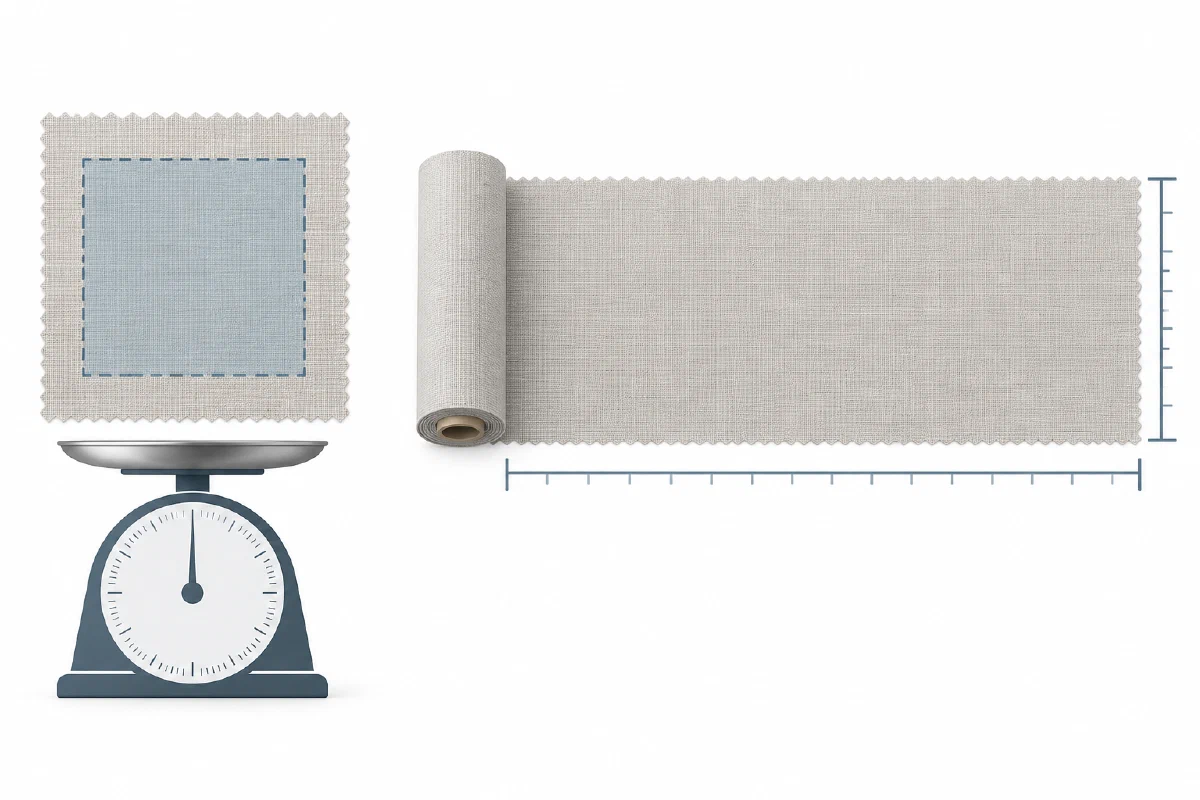 A square fabric specimen for mass per area beside a length of cloth with width and length marked.