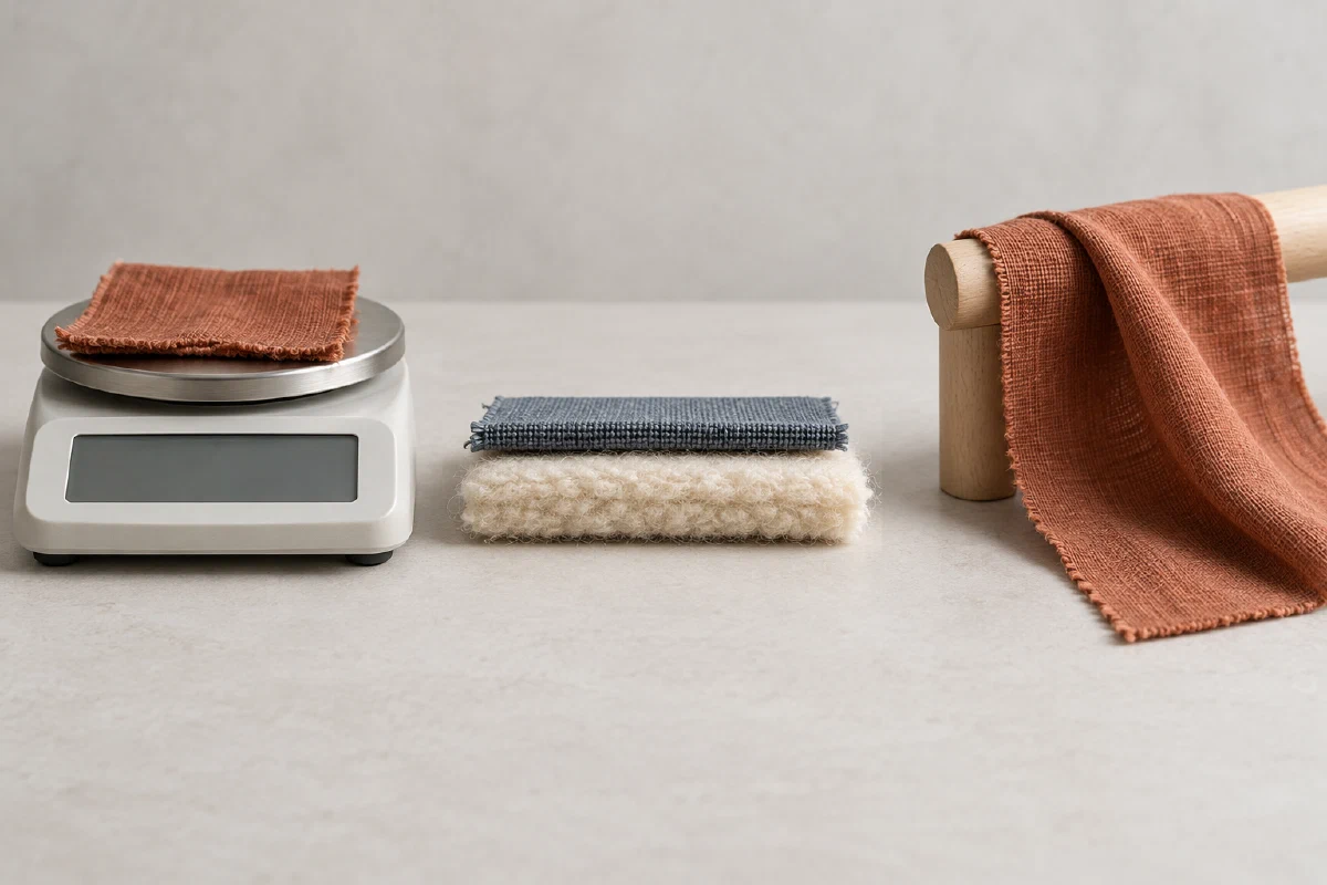 Separate observations of fabric mass, edge thickness and compressibility, and drape over a bar.