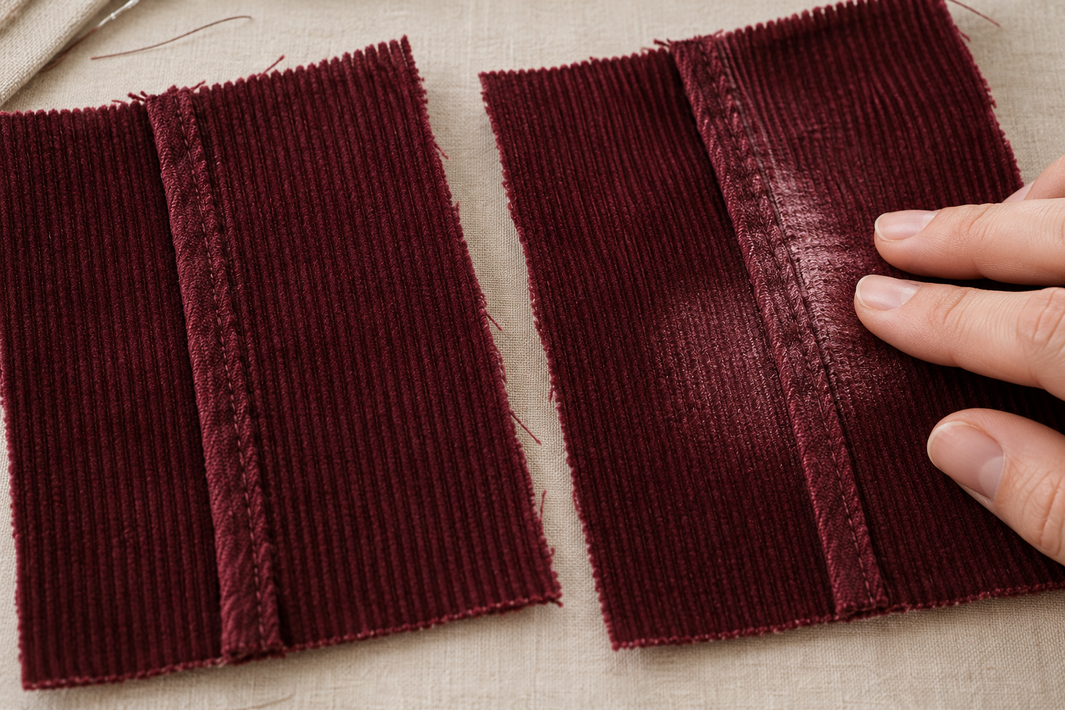 Two corduroy offcuts show intact ribs beside a sample with a flattened shiny seam-area mark