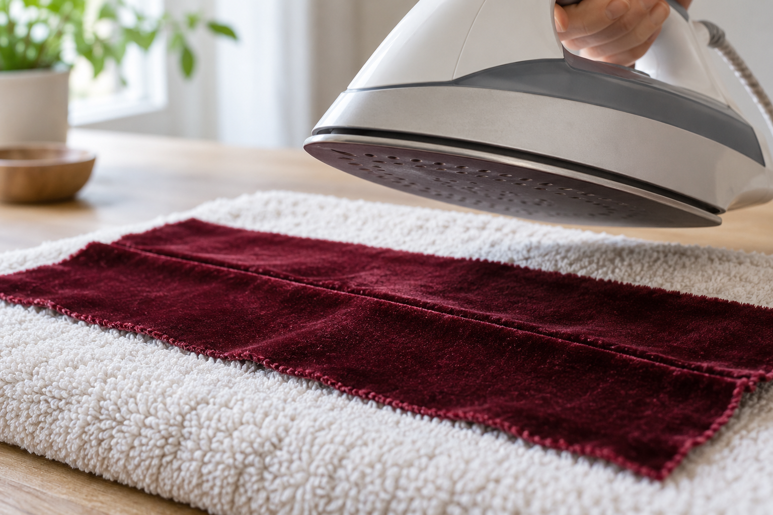 A velvet seam sample rests face down on a thick towel while an iron is held above it without touching
