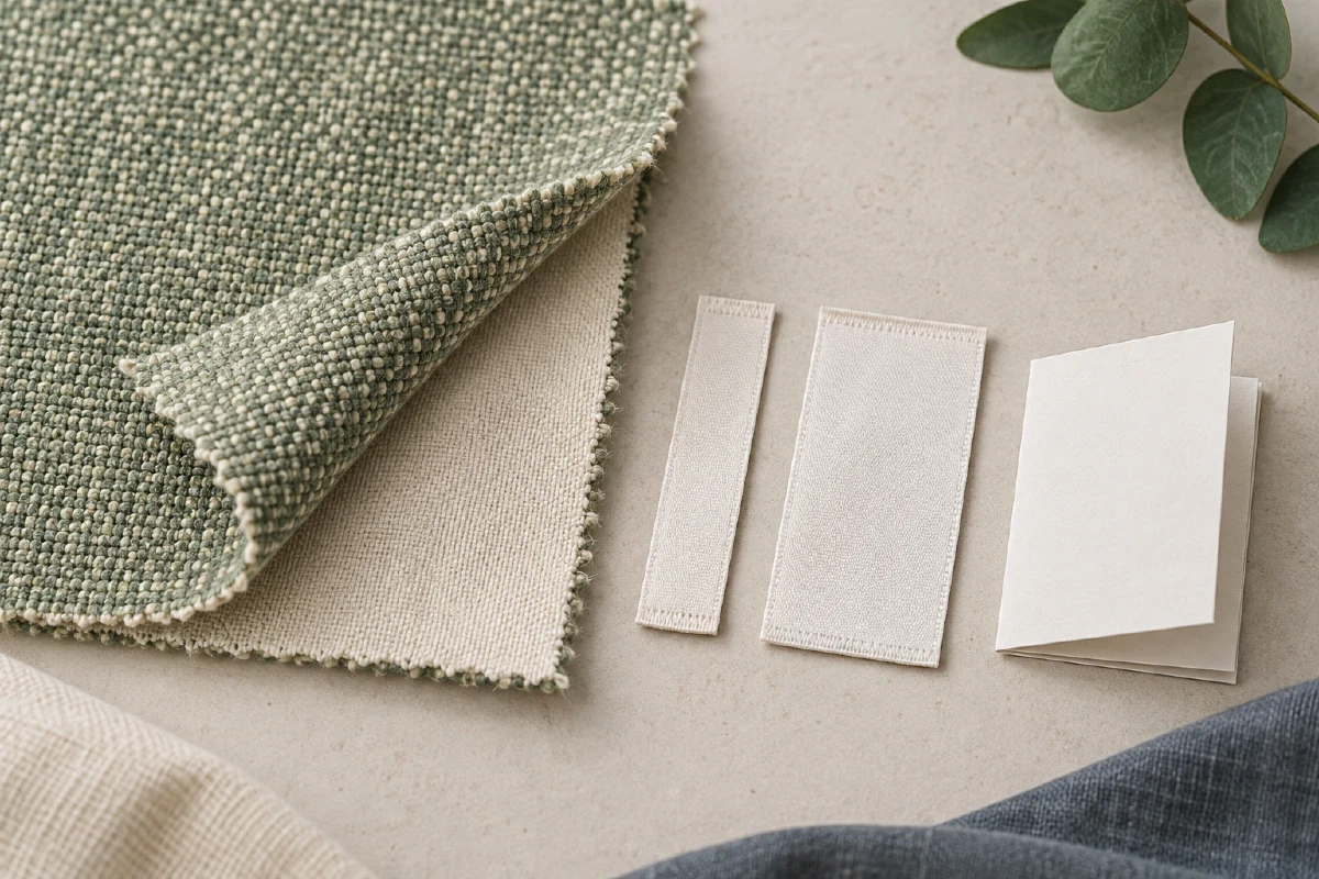 A layered fabric swatch beside separate blank tags and a care leaflet, illustrating composition, construction, and care as distinct information.