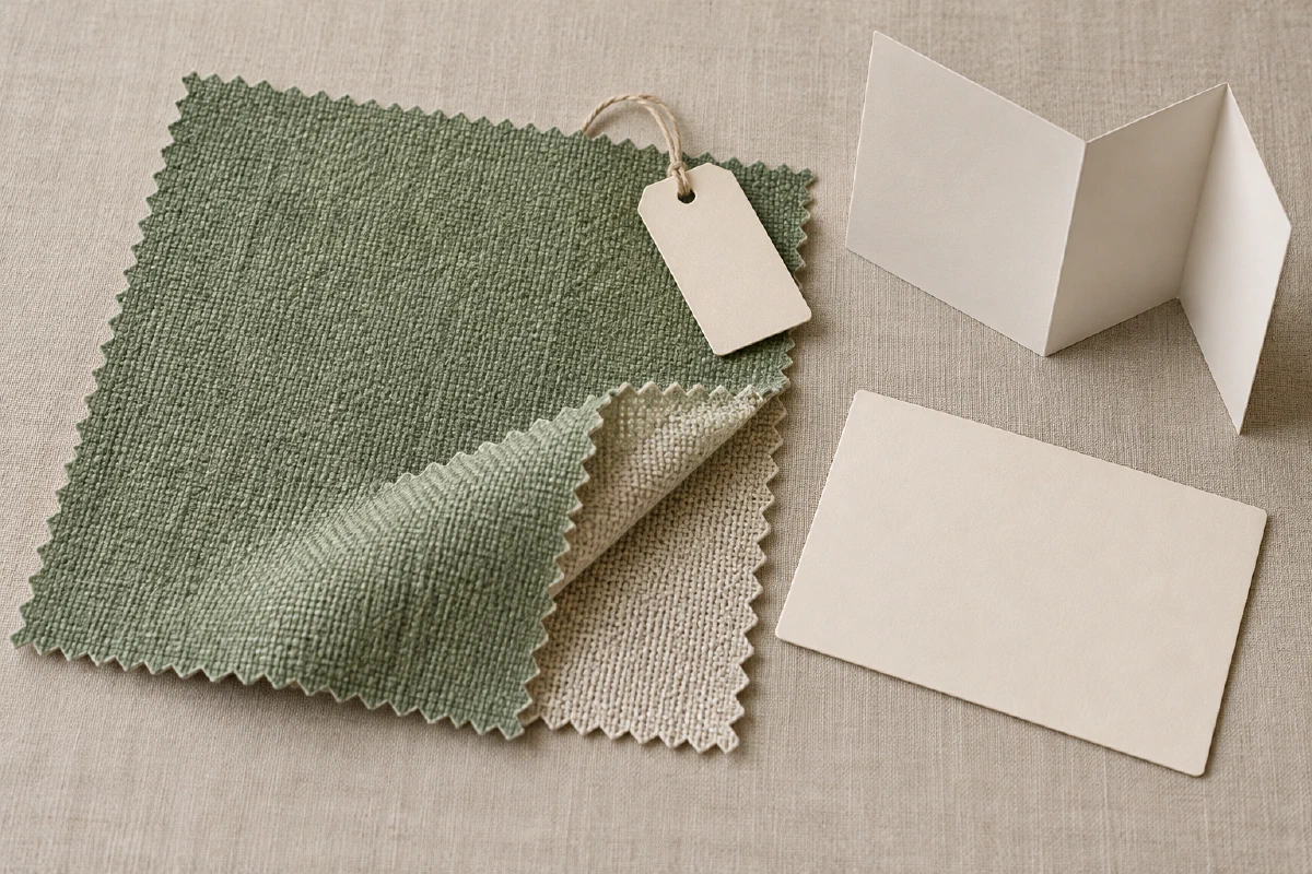 A fabric sample with a blank product tag, component edge, and separate question card.
