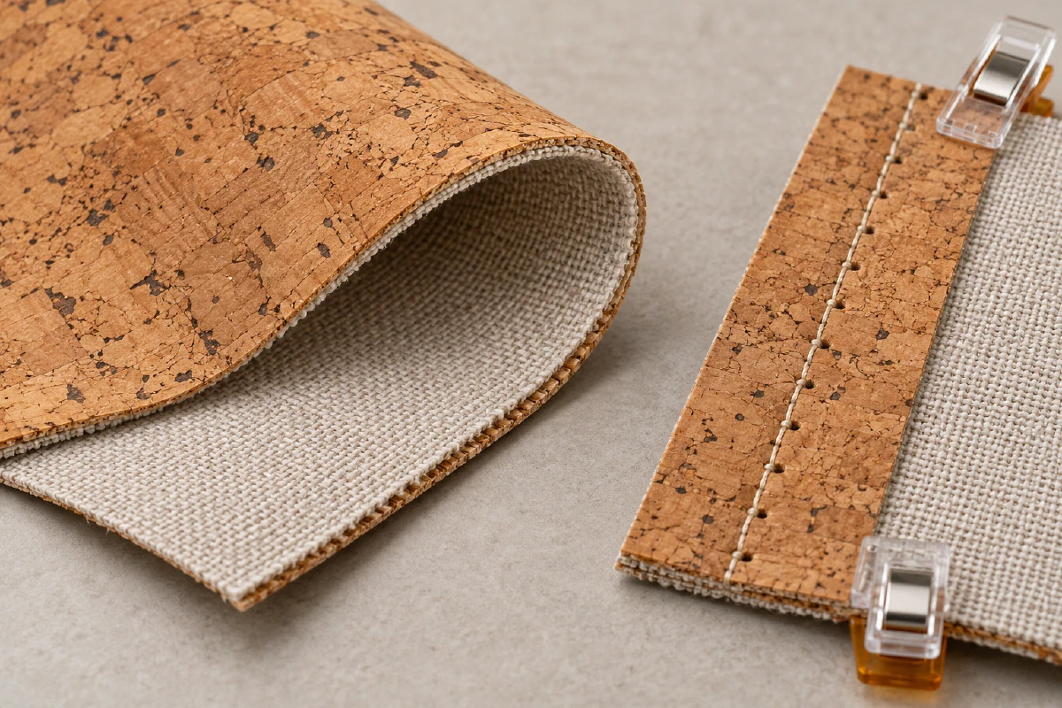 Illustrative cork composite with a textile backing beside a clipped sample seam showing visible needle holes.