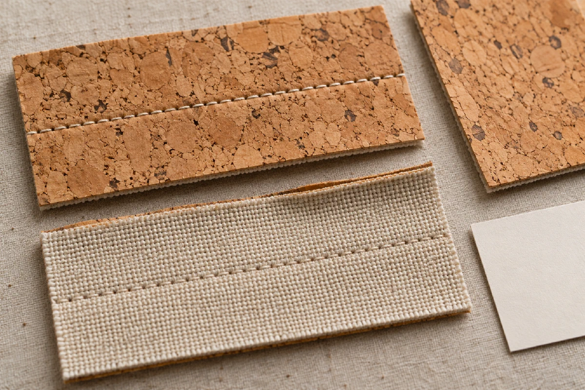 Cork-face stitch holes and the reverse textile backing inspected after a sample seam.