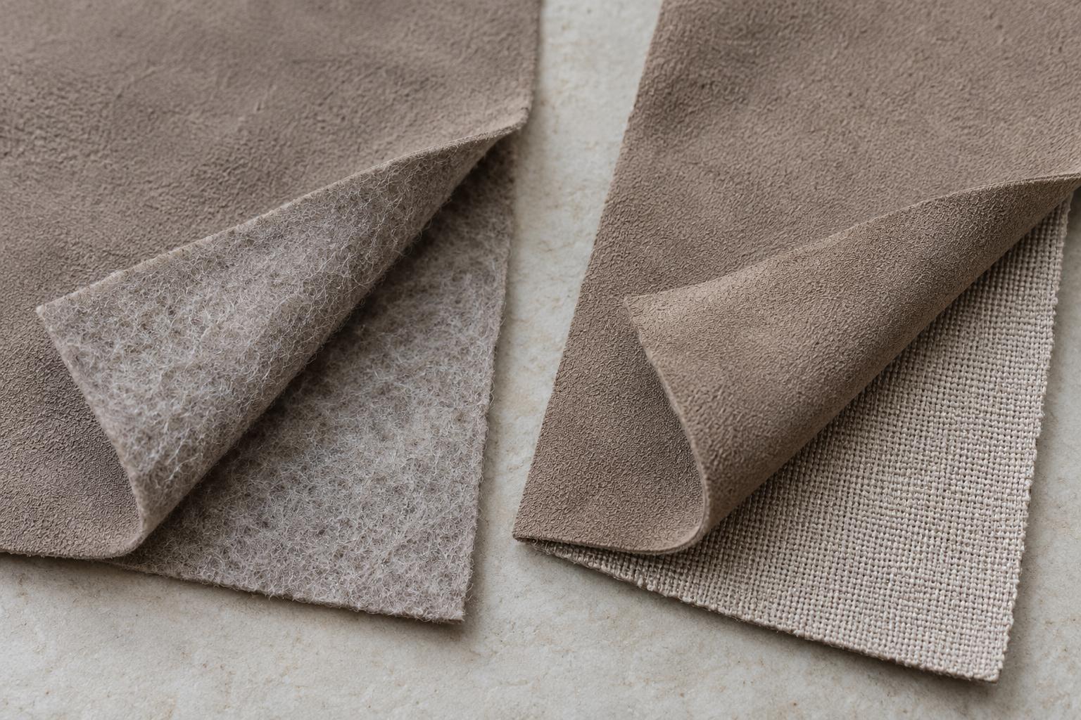 Two taupe suede-like swatches are folded back to show a fuzzy nonwoven-looking reverse and a cloth backing