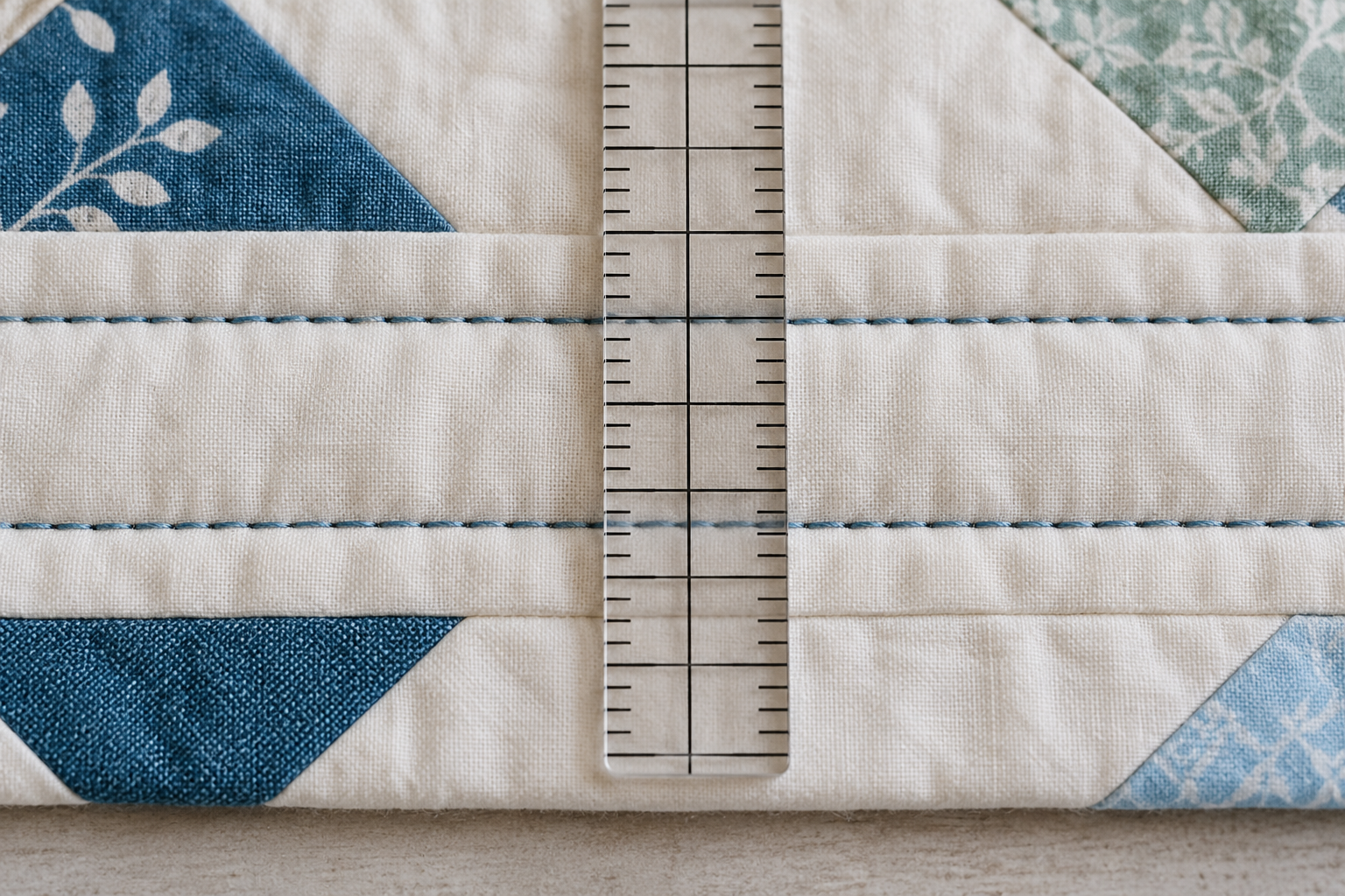 A plain ruler crosses two sample quilting lines at a right angle