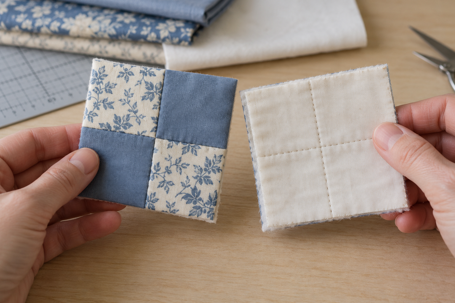 A maker compares the patterned top and backing of a completed quilt test square