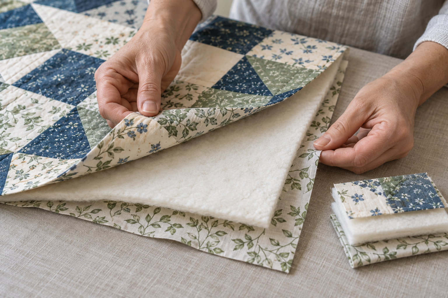A maker lifts the quilt top to show the batting and backing as separate layers