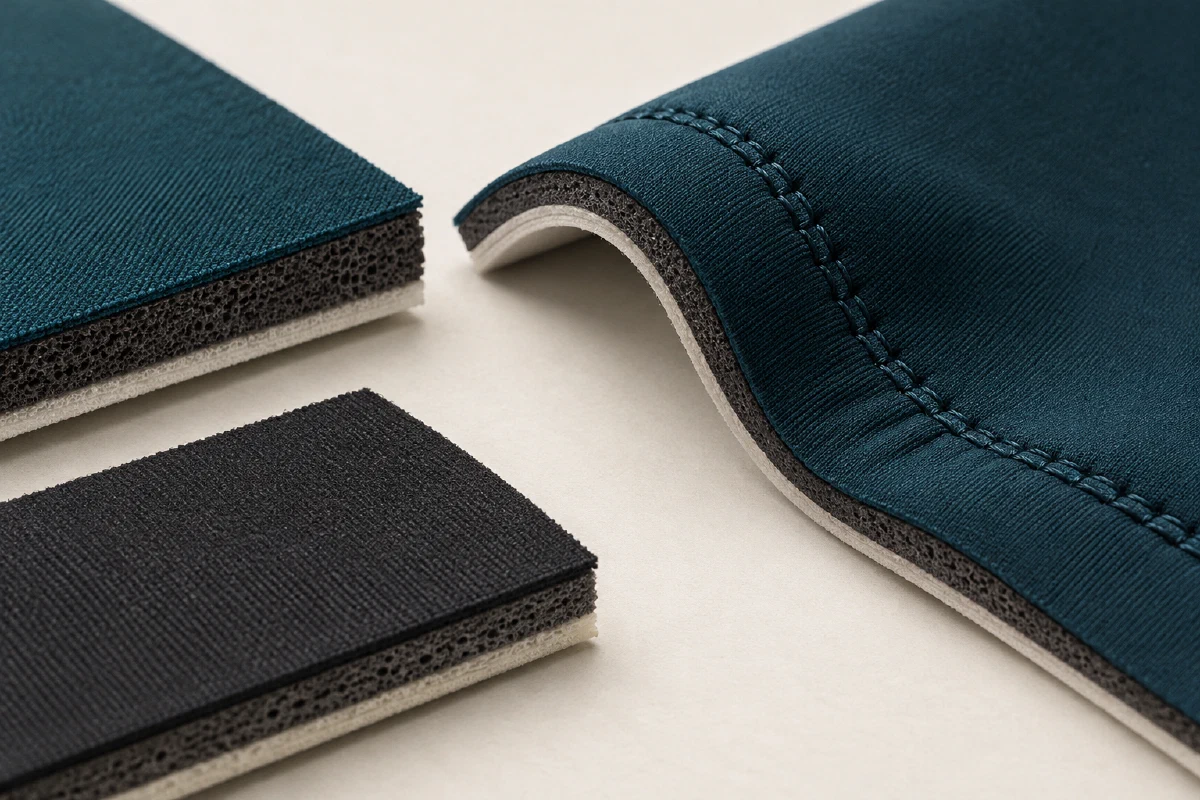 A layered stretch sample gently curved to inspect seam movement and compression.