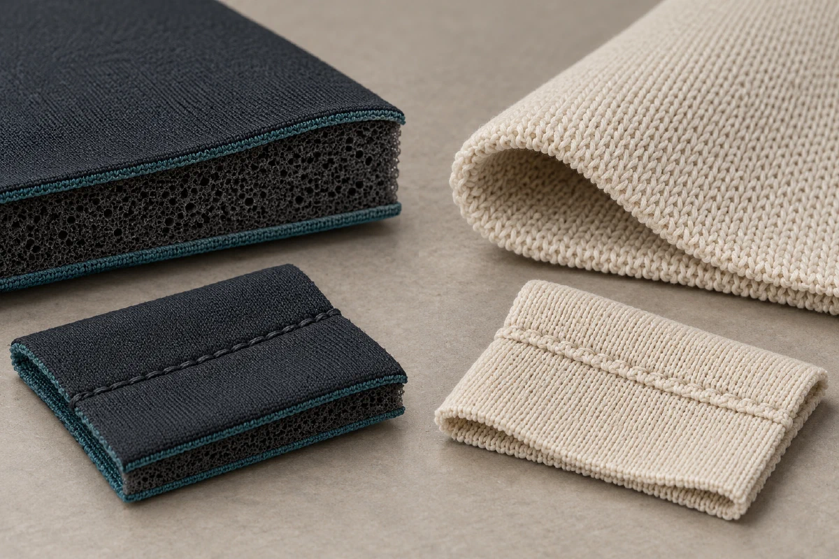 Illustrative foam-backed laminate and stretch-knit samples with ordinary seam examples.