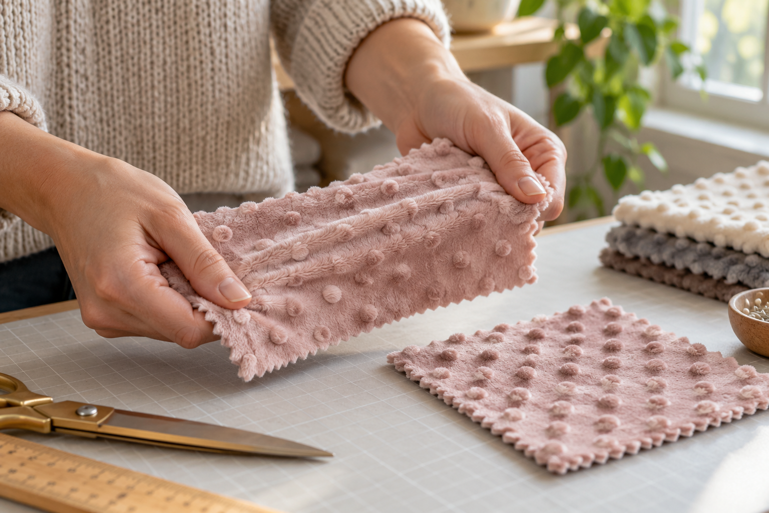 Hands gently stretch a plush minky knit swatch while another sample rests nearby