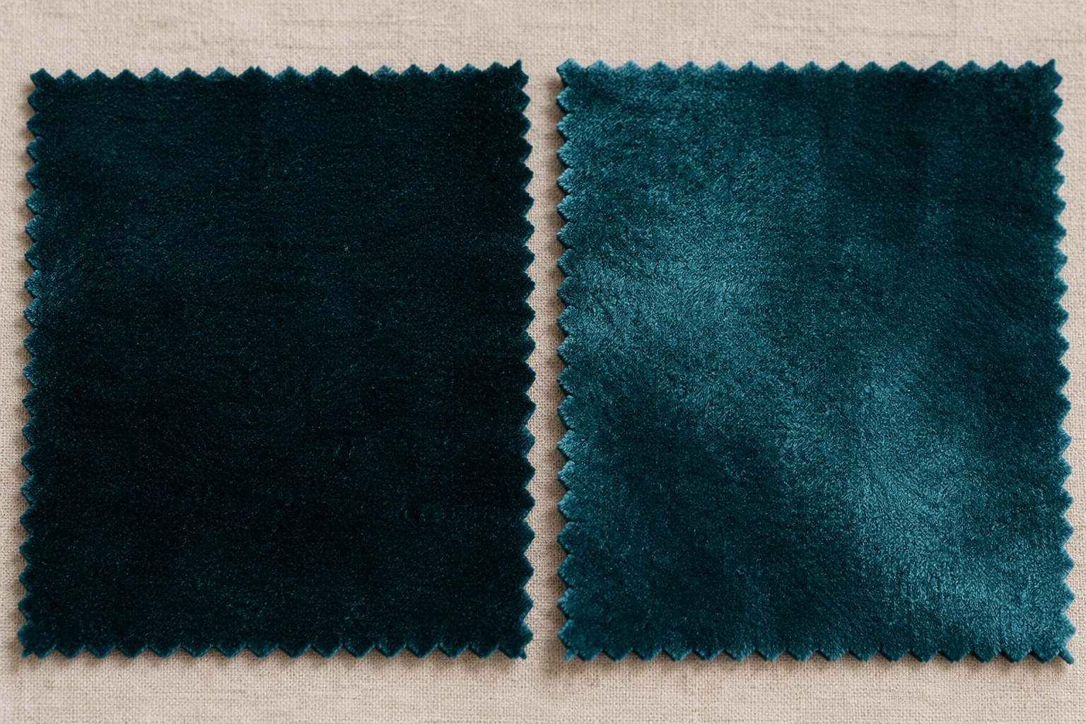 Two identical teal velvet swatches show different sheen when their pile is brushed in opposite directions