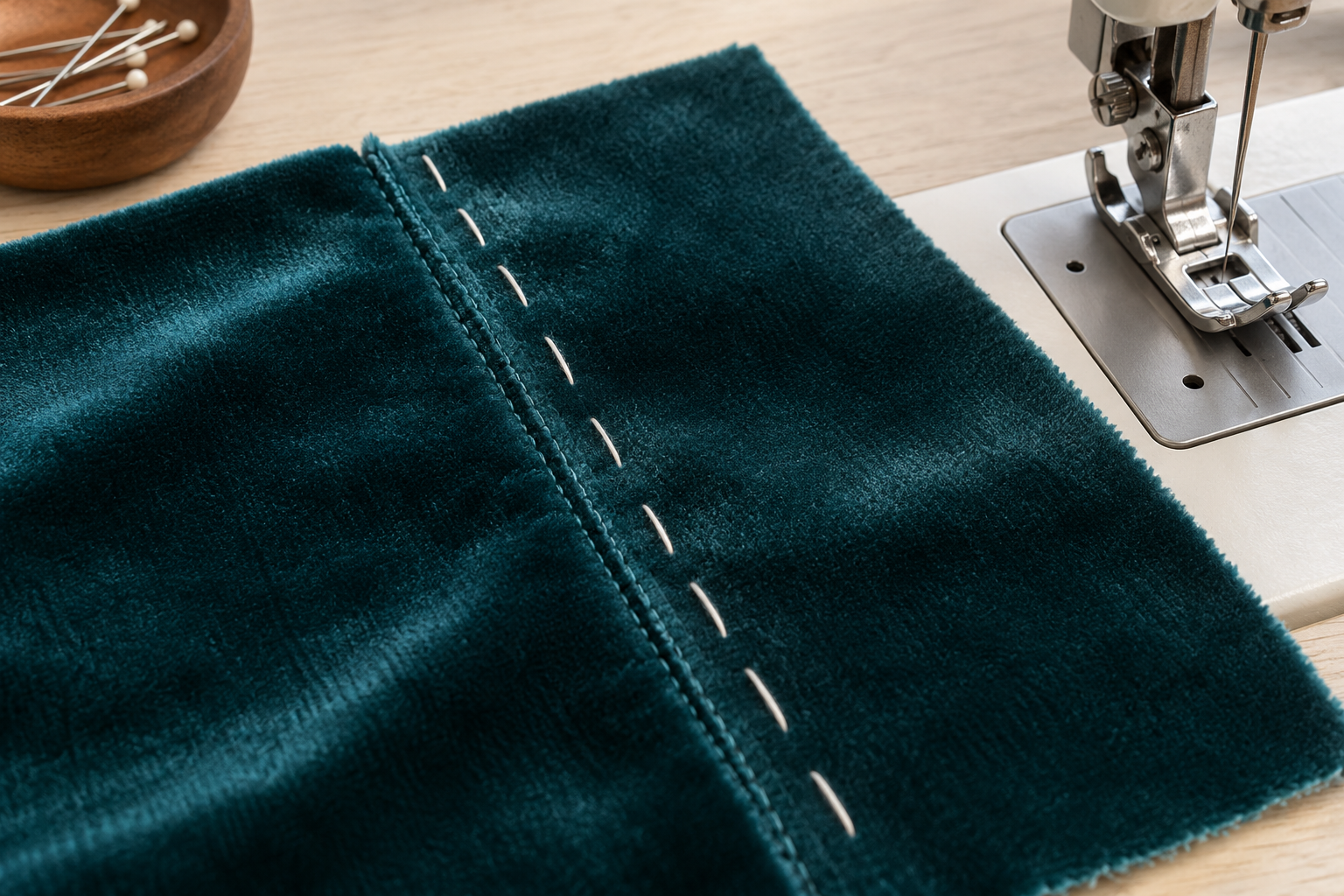 A hand-basted seam on velvet scrap sits beside a sewing-machine presser foot for a feed and surface test