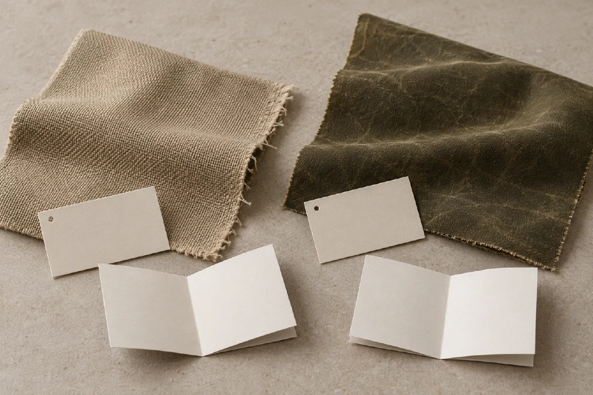 Different-looking canvas finishes beside blank supplier tags and care leaflets.