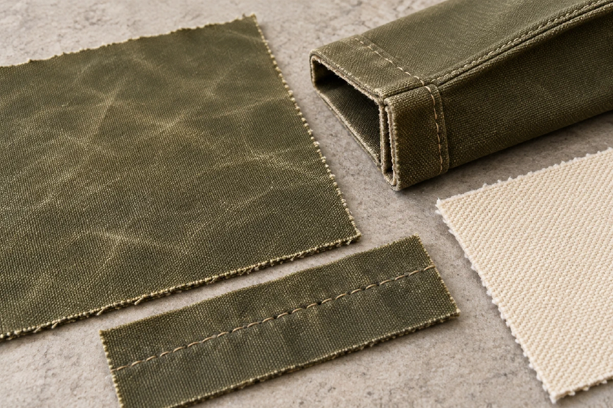 Waxed-canvas offcuts and a folded seam sample arranged for finish-mark and layer inspection.