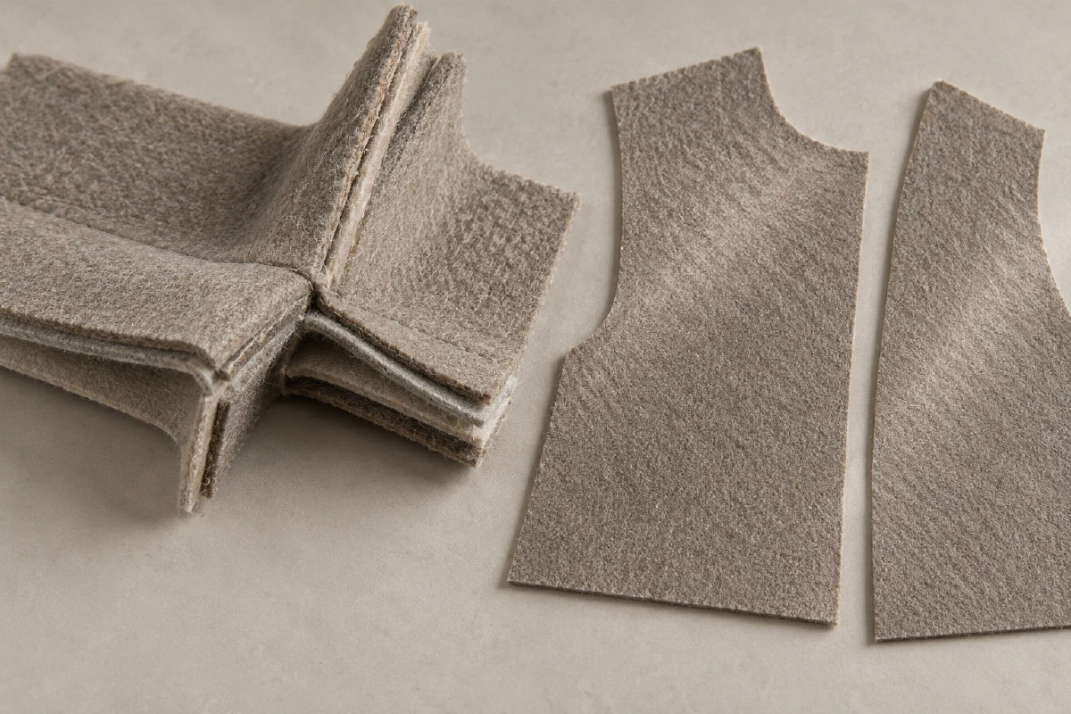 A layered wool seam intersection beside two pattern-piece offcuts with a matching surface direction.