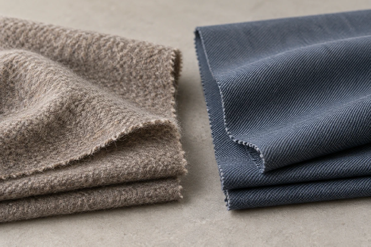 Illustrative woolen and worsted swatches with different surface textures and folded layers.