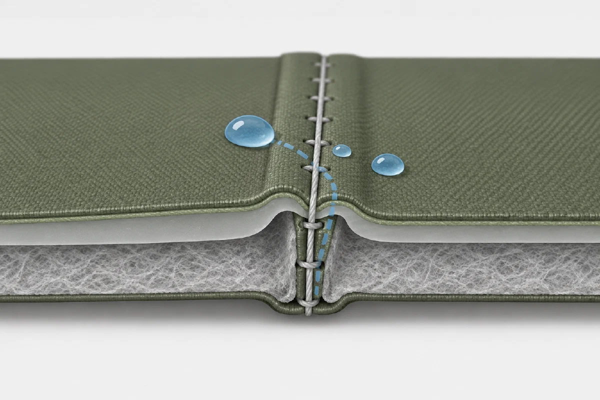 Conceptual cutaway of a stitched seam crossing a coated textile layer.