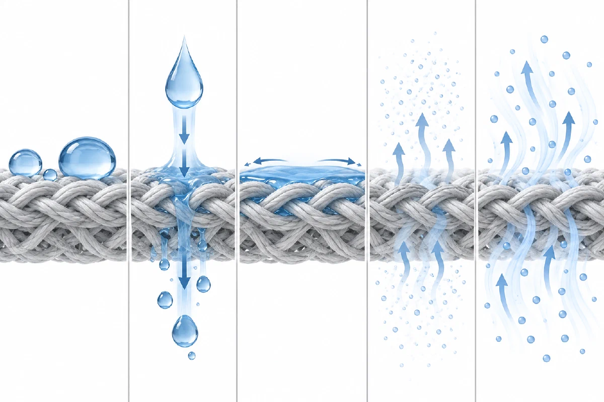 Five separate fabric test endpoints: surface droplets, liquid penetration, in-plane wicking, water vapor, and airflow.