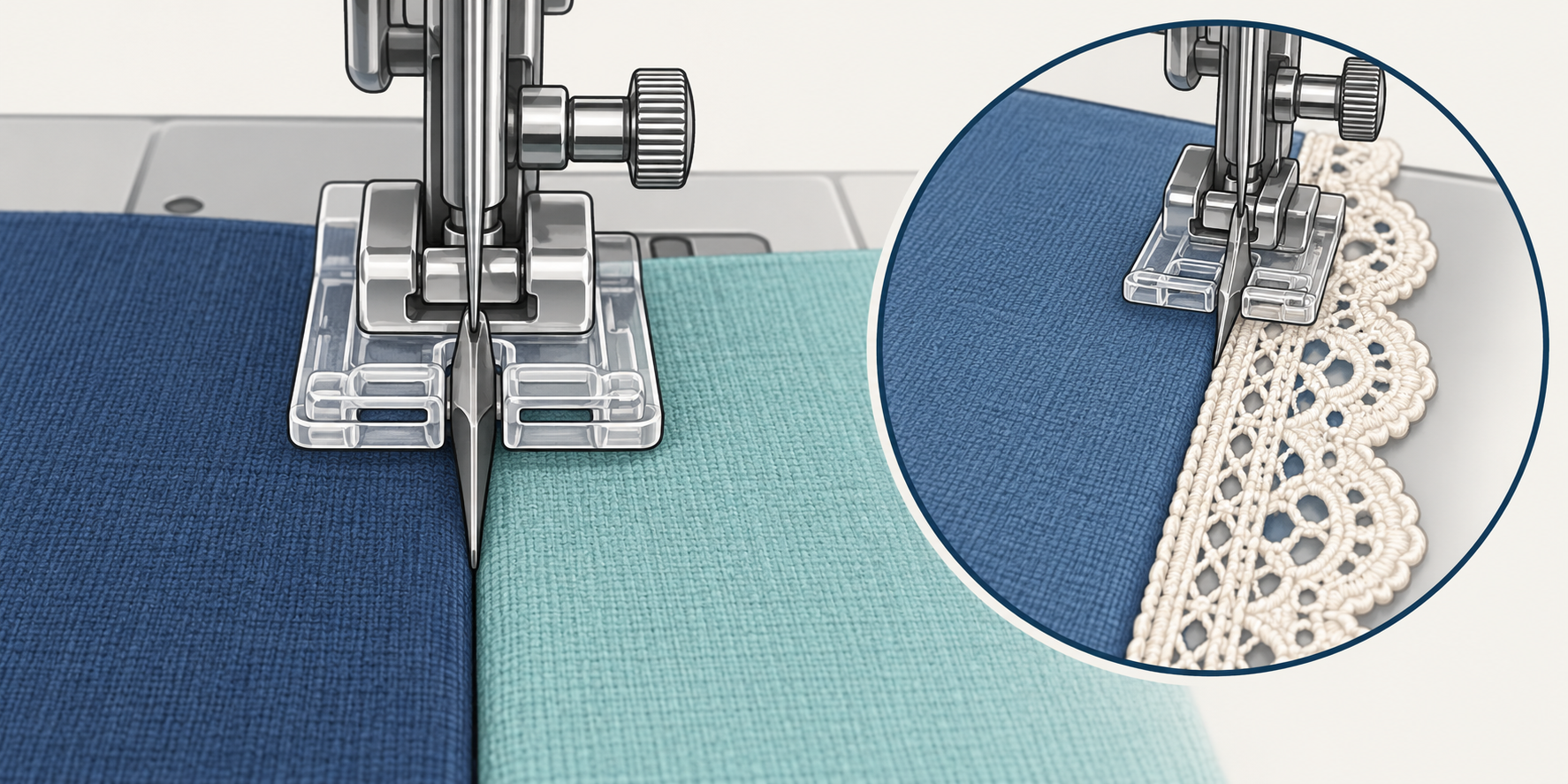 A centered blade aligns fabric edges and lace trim