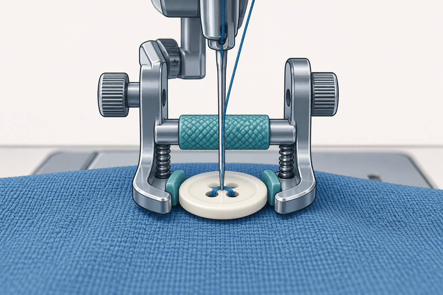 A button-sewing foot holds a button in place over fabric