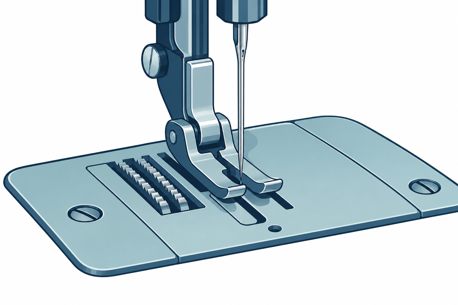Matched narrow presser foot and needle plate aligned as one system
