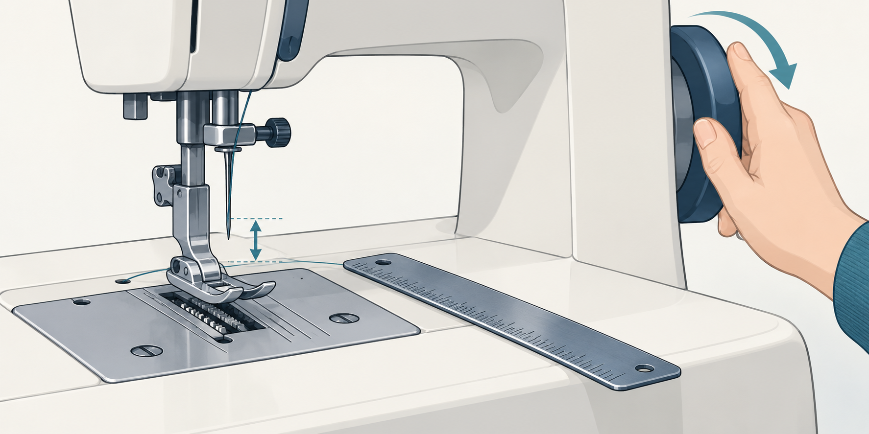 Check needle, ruler, foot, and plate clearance by hand as the manual directs