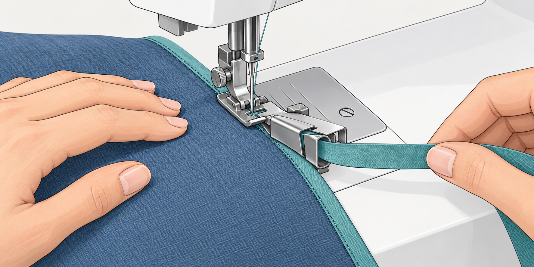A tape guide foot directs tape along a fabric edge