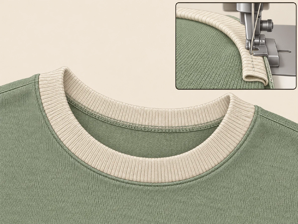 A folded ribbing band joins a knit neck opening, with a close view of the layered edge under a generic foot.