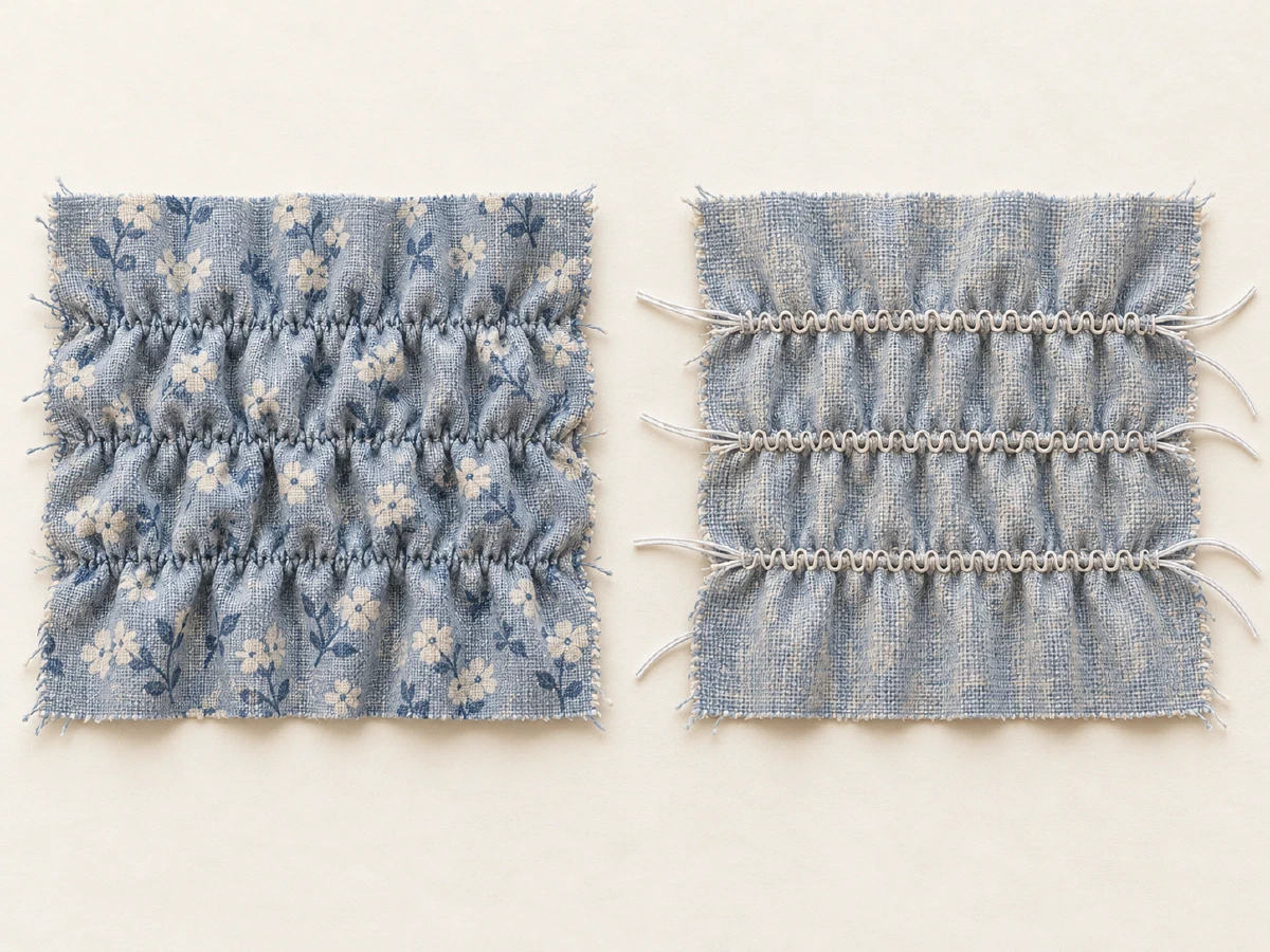 The shirred sample’s gathered front beside its reverse with elastic-thread rows and loose tails.