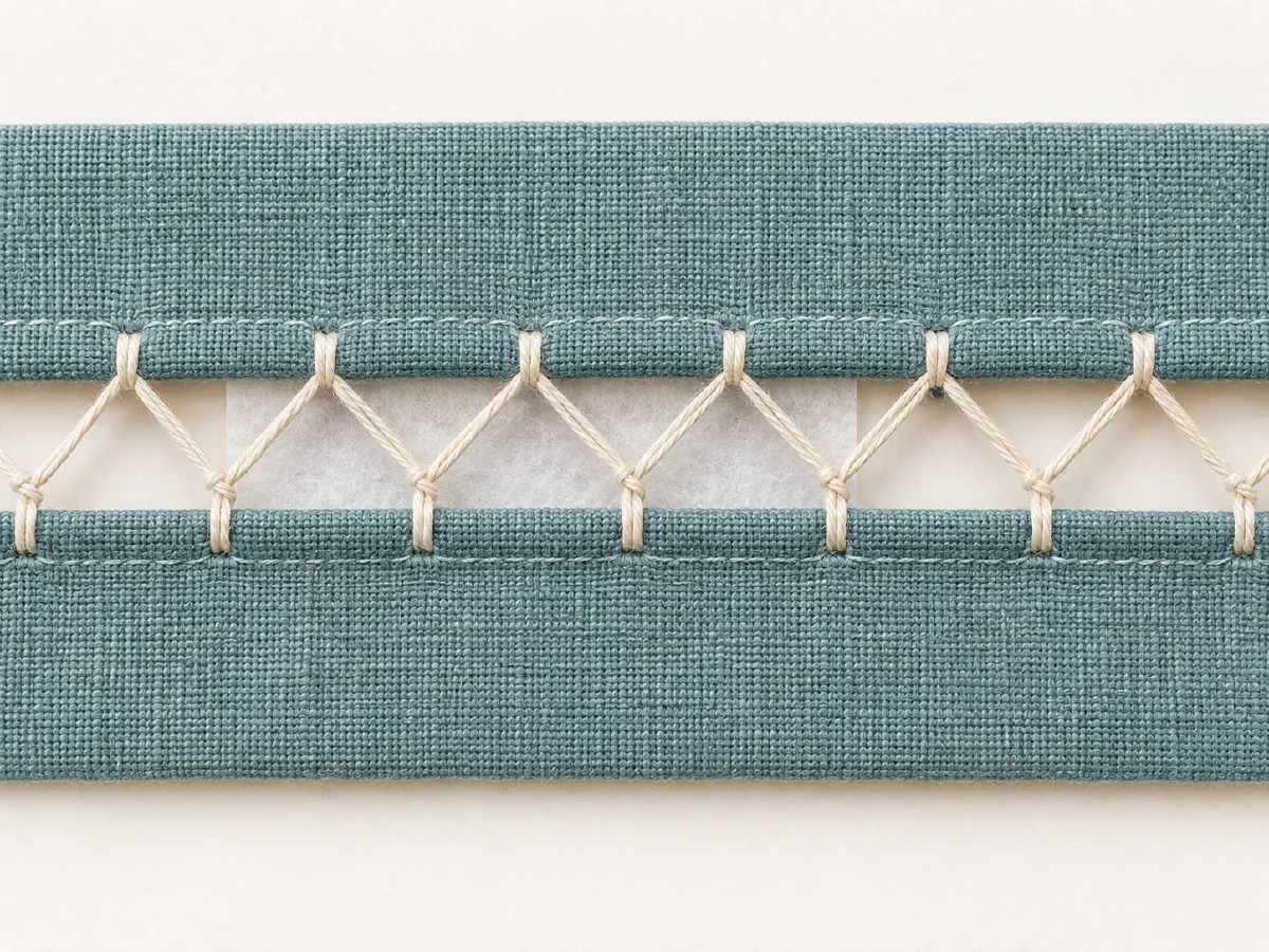 Two folded fabric edges are separated by an open gap bridged by repeated fagoting stitches, with removable support beneath.