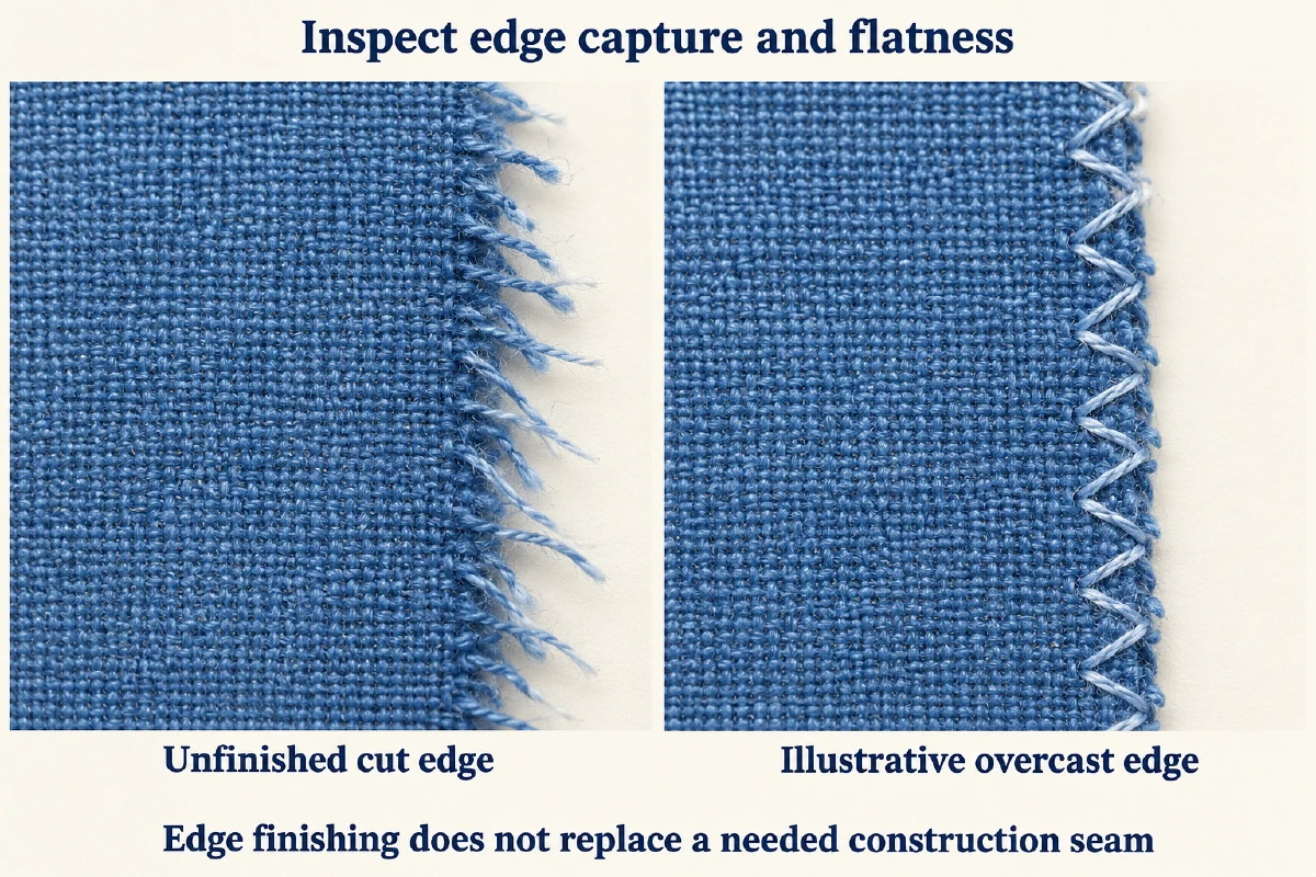 Illustrative unfinished and zigzag-overcast cut edges for comparing edge capture and flatness; this is not a strength or tested-machine result.