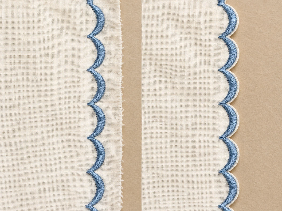 An untrimmed stitched scallop edge beside a carefully trimmed edge with the satin stitches intact.