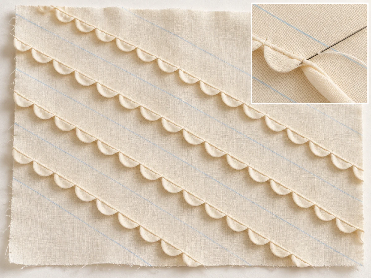 Repeated shell-like tucks follow diagonal guide lines across a lightweight woven sample, with one folded edge shown close up.