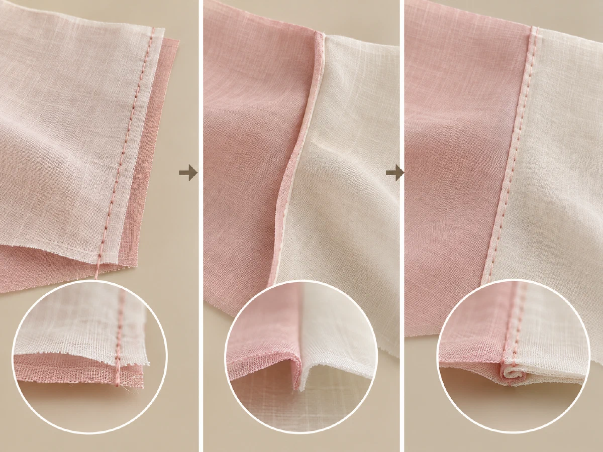 Three stages show wrong sides together, the first seam turned, and the second seam enclosing the trimmed raw edges.