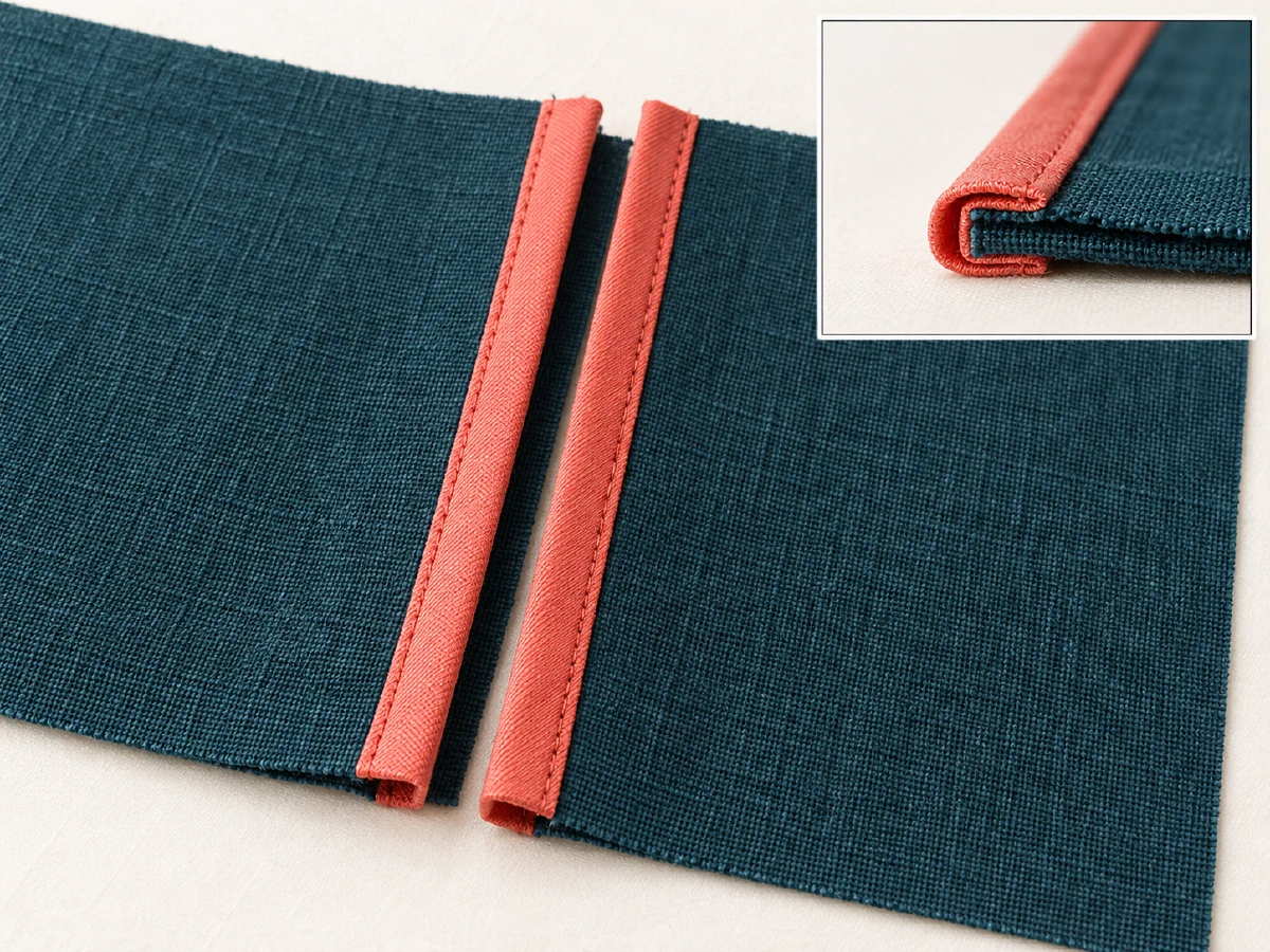 An open seam shows separate coral bias strips wrapped around its two individual allowances.