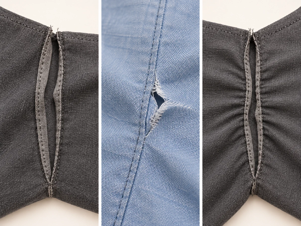 Three close-up examples distinguish opened stitching, torn fabric, and strain folds at an opened seam.