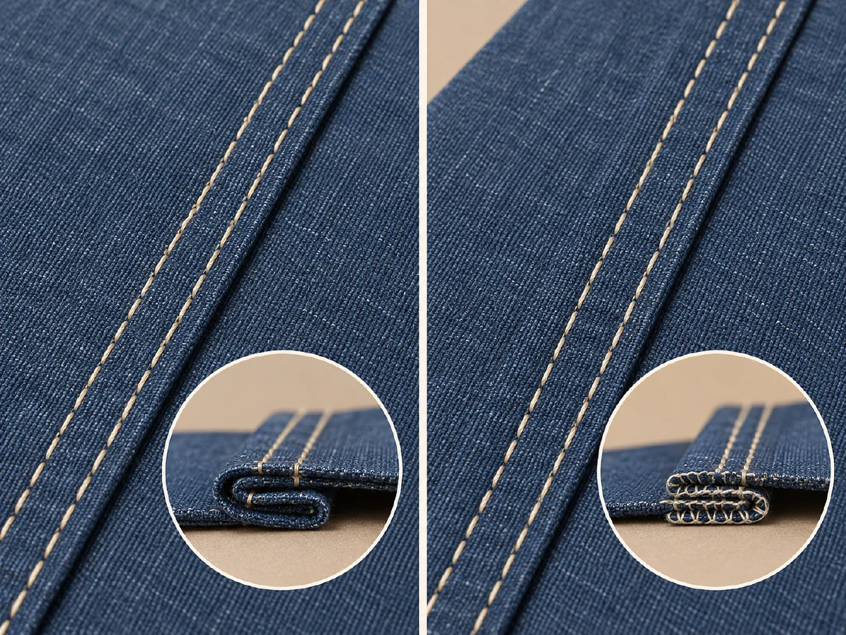 Two indigo samples compare an enclosed true flat-felled seam with a mock seam finished at the allowance edges.